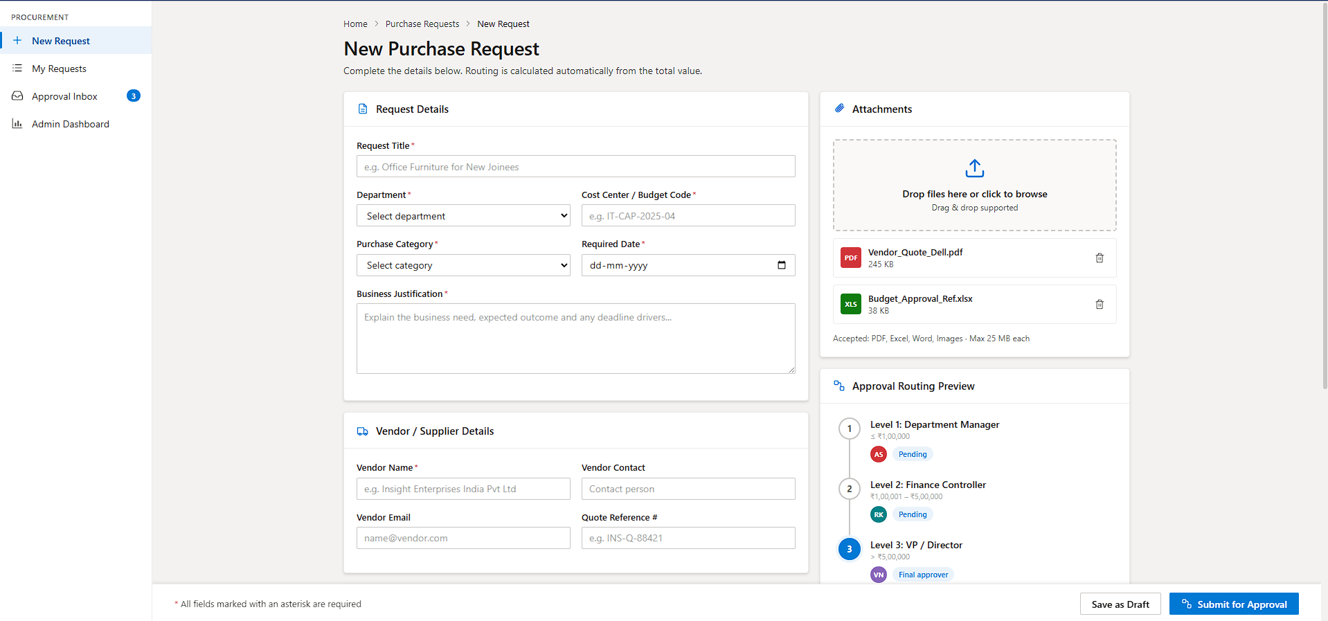 New Purchase Request form — upper half with request details and attachment upload